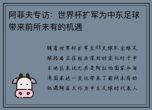 阿菲夫专访：世界杯扩军为中东足球带来前所未有的机遇
